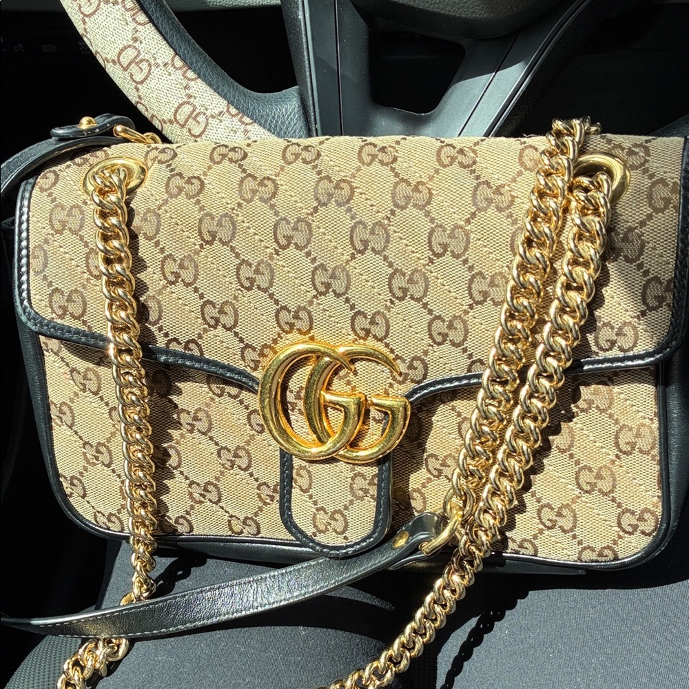 Gucci Beige GG Supreme Crossbody with Black Trim & Gold Hardware